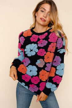 Plus Long Sleeve Multi Color Puffy Flower Sweater