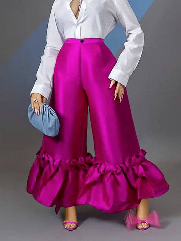 Loose Buckle Falbala Solid Color Flared Trousers