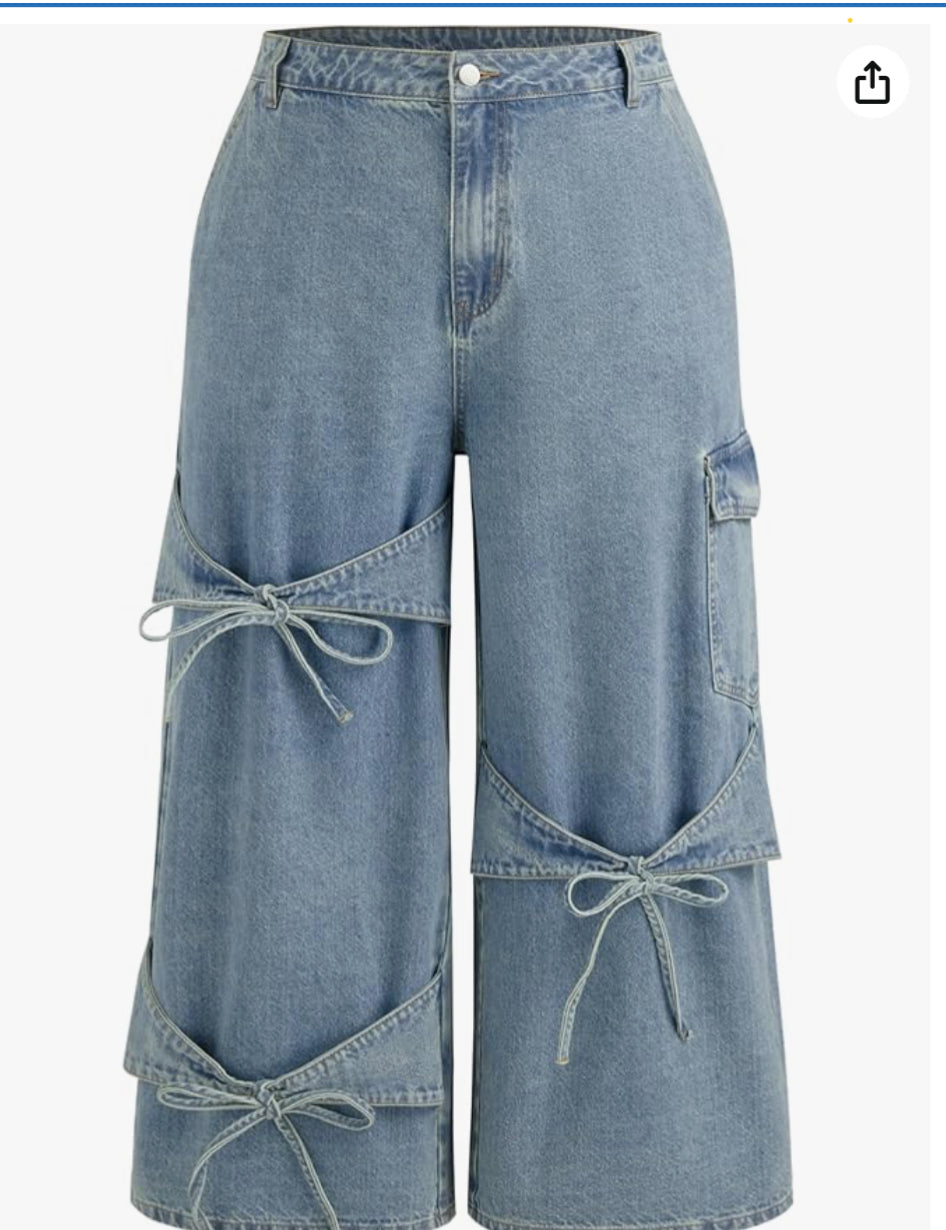 Wide Straight Leg Bow Jeans Denim Pants