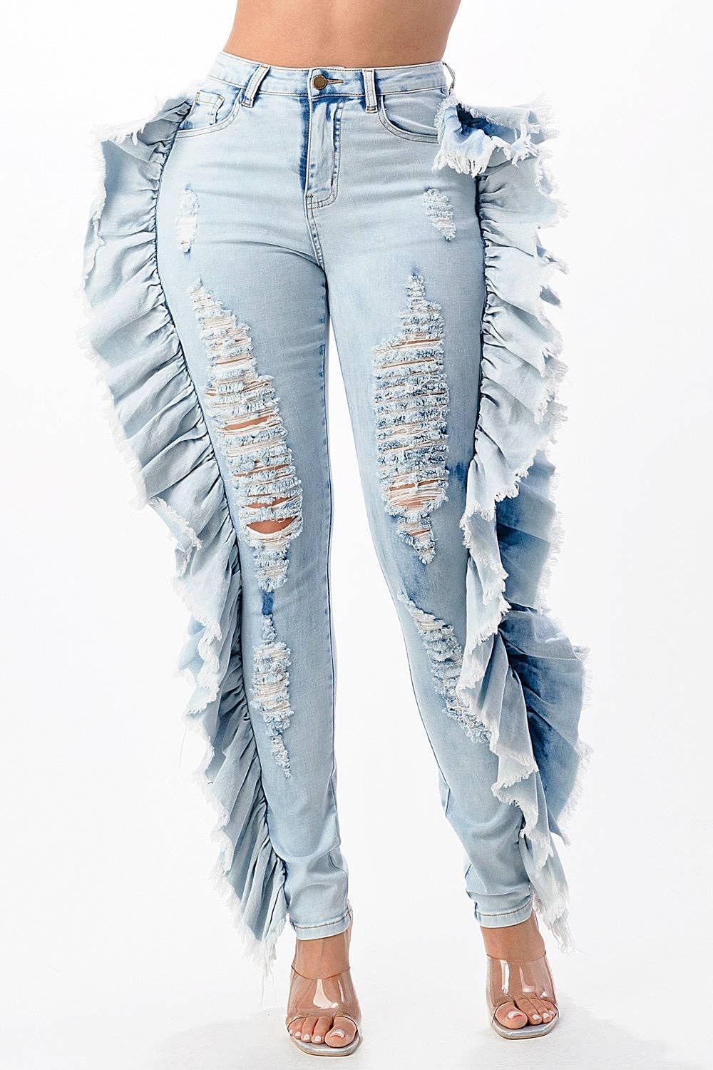 Ripped Skinny Jeans with Side Ruffle