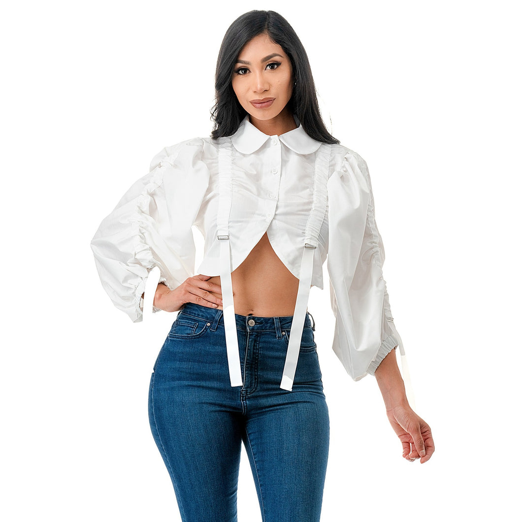 Plus Balloon Sleeve Lace Up Shirt Crop Top